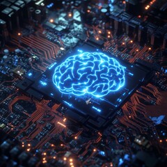 Poster - A glowing blue brain sits on a circuit board, representing artificial intelligence and technology.