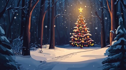 Poster - A glowing Christmas tree in a snowy forest with a star on top.