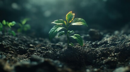 Canvas Print - A Single Sapling Emerges from Dark Soil