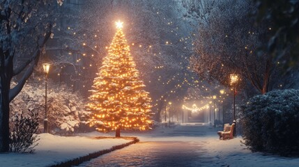 Wall Mural - A glowing Christmas tree stands tall in a snowy park, illuminated by string lights and streetlamps, casting a magical ambiance on the winter night.