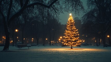 Poster - A glowing Christmas tree stands tall in a snowy park at night, surrounded by lampposts and a bench.