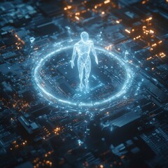 Sticker - A glowing human figure stands in the center of a circuit board, surrounded by a ring of light.