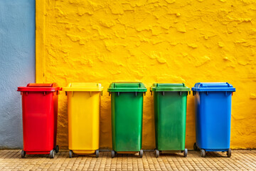 Colorful Recycling Bins Against A Yellow Wall. Recycle, Waste Management, Environment.