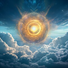 Poster - A glowing orb surrounded by intricate designs in a blue sky with white clouds.