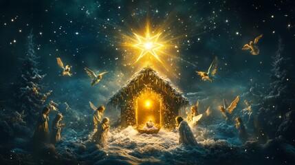 Poster - A glowing star shines over a humble manger, illuminating the scene of the nativity with angels and shepherds.