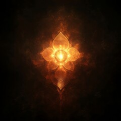 Poster - A glowing, abstract flower-shaped symbol in the center of a dark, swirling background.