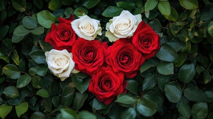 Aufkleber - A heart-shaped arrangement of red and white roses on a bed of green leaves. Focus point. No people. No logo.