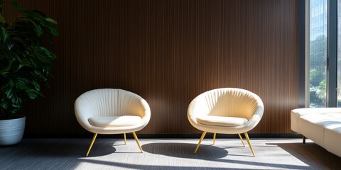 two white and golden velvet armchairs placed on the marble floor