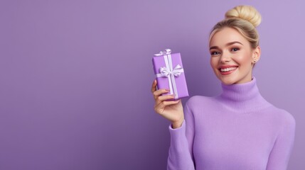 Poster - A woman in a purple sweater holding up a gift, AI