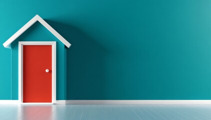 A dark blue house on one side and a red door on the other