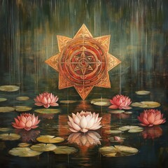 Poster - A golden eight-pointed star floats above a pond with water lilies, surrounded by a hazy rain.