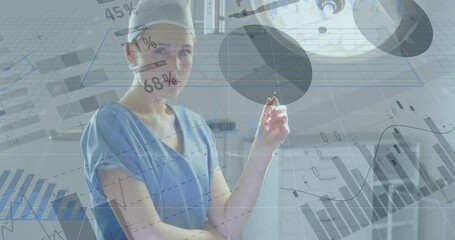 Poster - Animation of statistics and data processing over caucasian female surgeon