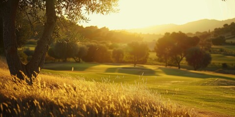 Poster - Sunset view of a golf course in the evening