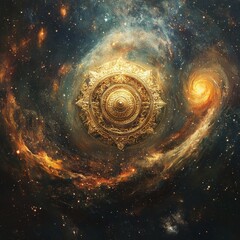 Sticker - A golden ornate circular object floats in a swirling galaxy of stars and nebulae, evoking a sense of wonder and the vastness of space.