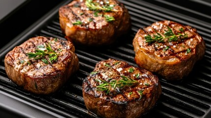 Sticker - Four steaks are cooking on a grill with herbs, AI