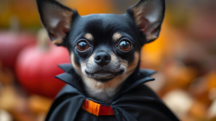 CHIHUAHUA dressed as a vampire with a cape, dog in costume, Halloween pet portrait