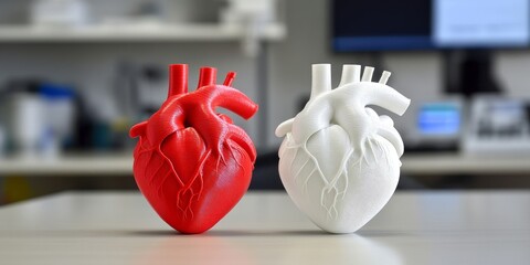 Two 3D printed heart models, one red and the other white