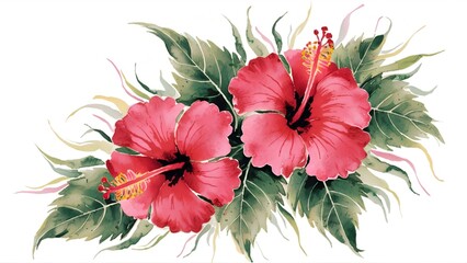 A vibrant watercolor illustration depicting two large bright pink hibiscus flowers surrounded by dark green leaves. 