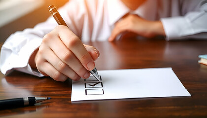 Wall Mural - A person's hand holding a pen and checking off a box on a form or document on a wooden table