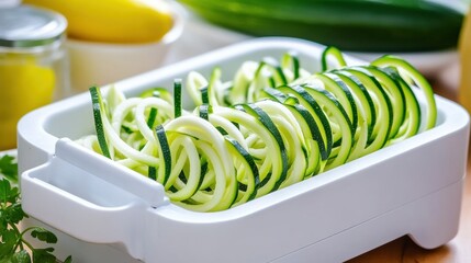 Poster - A white container filled with zucchini slices and other vegetables, AI