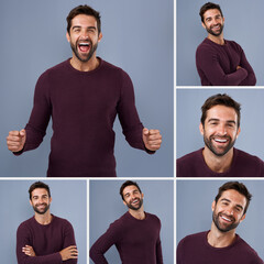 Poster - Happy, composite and portrait of man in studio with excitement, joy and positive attitude. Cheering, collage and male person from Canada with celebration, smile and winning by gray background.