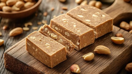 Wall Mural - Peanut-topped halva slices on a wooden platter.