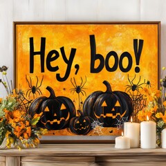 Wall Mural - A Halloween-themed decoration featuring pumpkins, spiders, and festive colors.