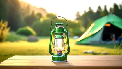 A classic green kerosene lantern, bathed in the golden light of a setting sun. 2