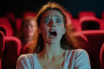 woman in a movie theater is watching a scary movie and has her mouth open in shock. The scene is set in a red theater with other people watching the movie