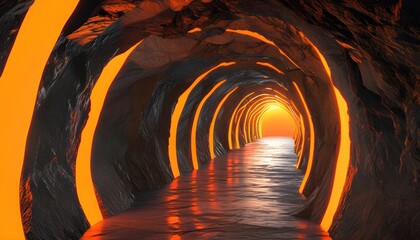 Wall Mural - vibrant orange light illuminating a mysterious tunnel inviting exploration