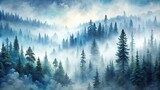 Watercolor landscape of foggy forest in mountain slope aerial view