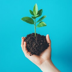 Wall Mural - A hand holds a small plant with soil against a bright blue background.