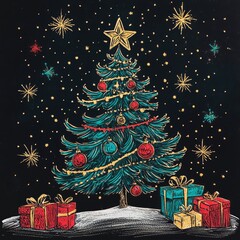 Poster - A hand-drawn illustration of a Christmas tree with presents and stars.