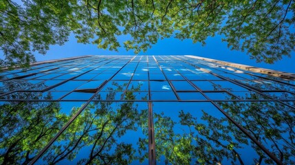 Wall Mural - Looking up at a sleek glass building, its reflections perfectly mirroring the vibrant green tree canopy and blue sky above, creating a stunning urban nature blend