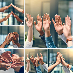 Poster - Business people, teamwork or collage with hands together for motivation, synergy or collaboration at office. Closeup, diversity and group in montage, inclusion or collection for unity or solidarity