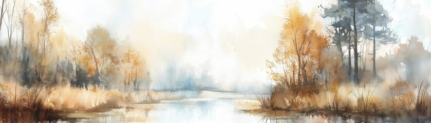 Aufkleber - Serene watercolor landscape featuring tranquil waters, golden reeds, and autumn trees under a soft, dreamy sky.