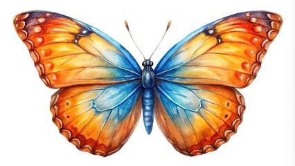 Wall Mural - Watercolor painting of orange and blue butterfly isolated on white background