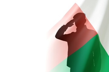 Silhouette of a soldier with the Madagascar flag on white background. National Holidays concept