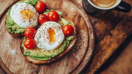 A hearty serving of avocado toast features two poached eggs and ripe cherry tomatoes arranged beautifully. Accompanying the meal is a steaming cup of coffee on the side