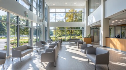 Wall Mural - A contemporary waiting area features sleek seating, abundant natural light from large windows, and a serene atmosphere perfect for visitors at a healthcare facility