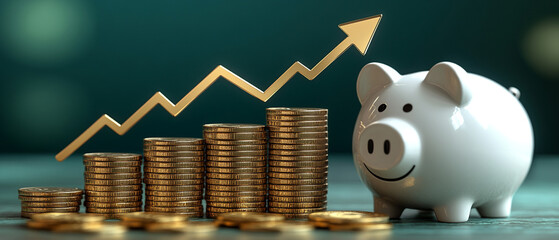 A cheerful piggy bank surrounded by stacks of coins and an upward trend line, symbolizing savings and financial growth.