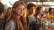 © feeling lucky - A cheerful teen girl smiles at a lively outdoor market, surrounded by friends and colorful bottles, capturing summer energy.