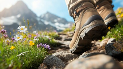 A hiker walks along a rocky trail surrounded by colorful wildflowers and majestic mountains under a clear blue sky, enjoying a beautiful day outdoors