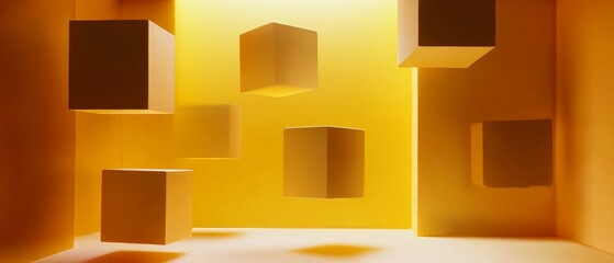 Canvas Print - A room with yellow walls and a few cubes floating in the air