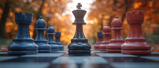 A close-up view of a chessboard with blue and red pieces during autumn, highlighting strategic gameplay and vibrant fall colors.