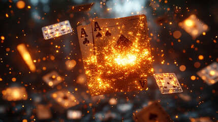 A dazzling display of floating playing cards, featuring glowing aces in a surreal, magical atmosphere.