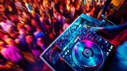 Wall Mural - The atmosphere is electric as a DJ mixes tracks for an enthusiastic crowd, creating an unforgettable experience filled with music and excitement in a bustling nightclub