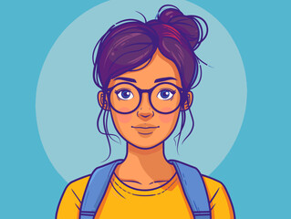 Wall Mural - A woman with glasses and a ponytail is smiling. She is wearing a yellow shirt and blue backpack