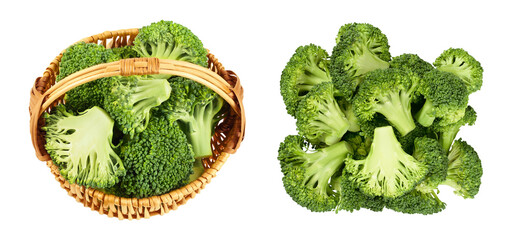 Wall Mural - fresh broccoli in wicker basket isolated on white background close-up with full depth of field. Top view. Flat lay