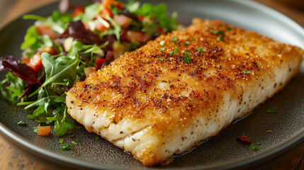 breaded fish fillet with a healthy salad